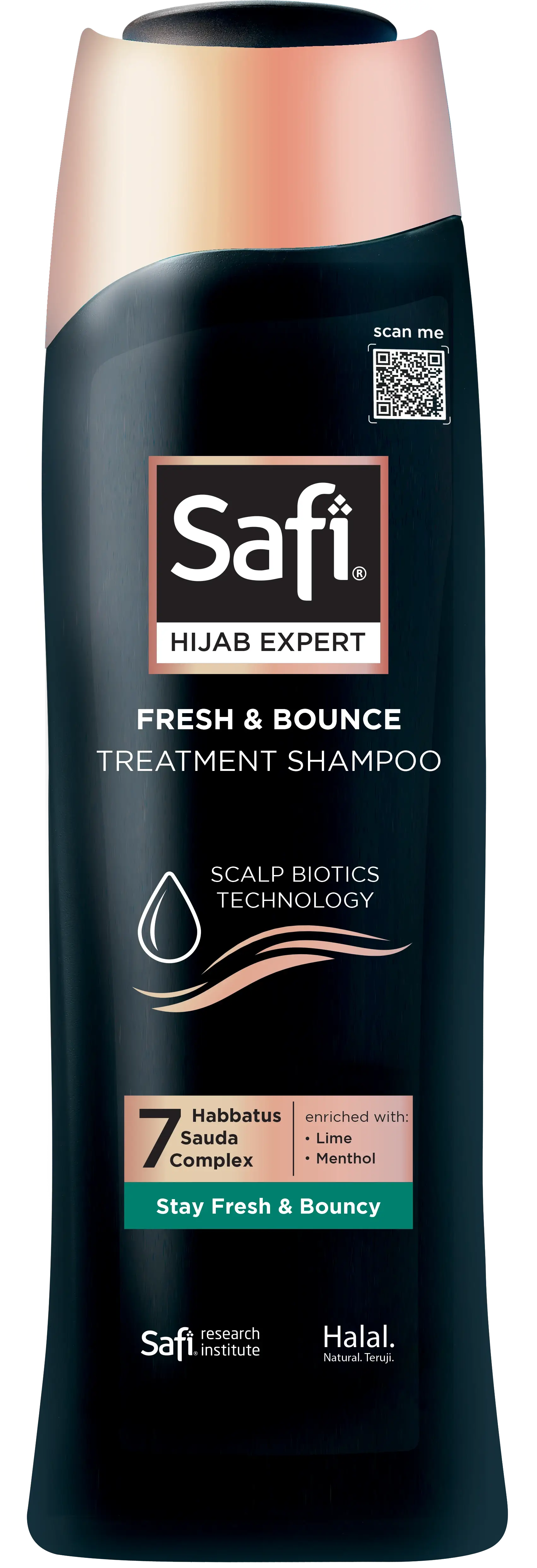 Safi Hijab Expert Fresh & Bounce Treatment Shampoo hadir dengan Hijab Scalp Microbiome Technology dan 7 Habbatus Sauda Complex. - Safi Hijab Expert Fresh & Bounce Treatment Shampoo