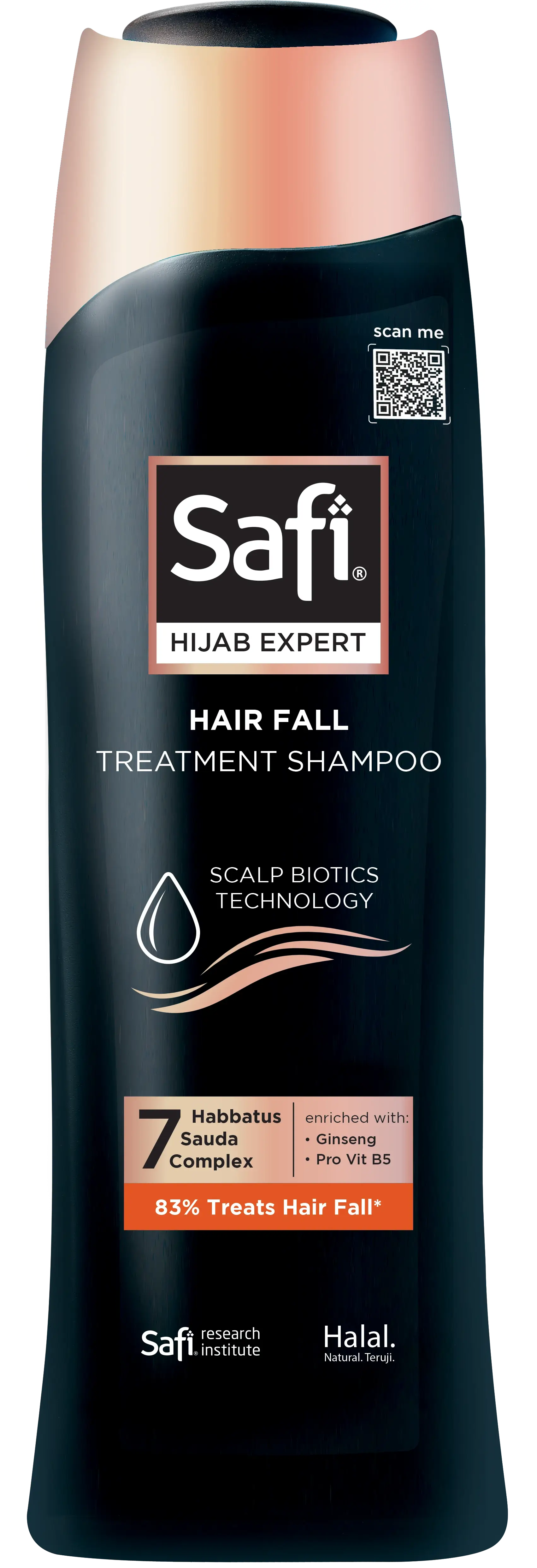 Safi Hijab Expert Hairfall Treatment Shampoo hadir dengan Hijab Scalp Microbiome Technology dan 7 Habbatus Sauda Complex. - Safi Hijab Expert Hairfall Treatment Shampoo